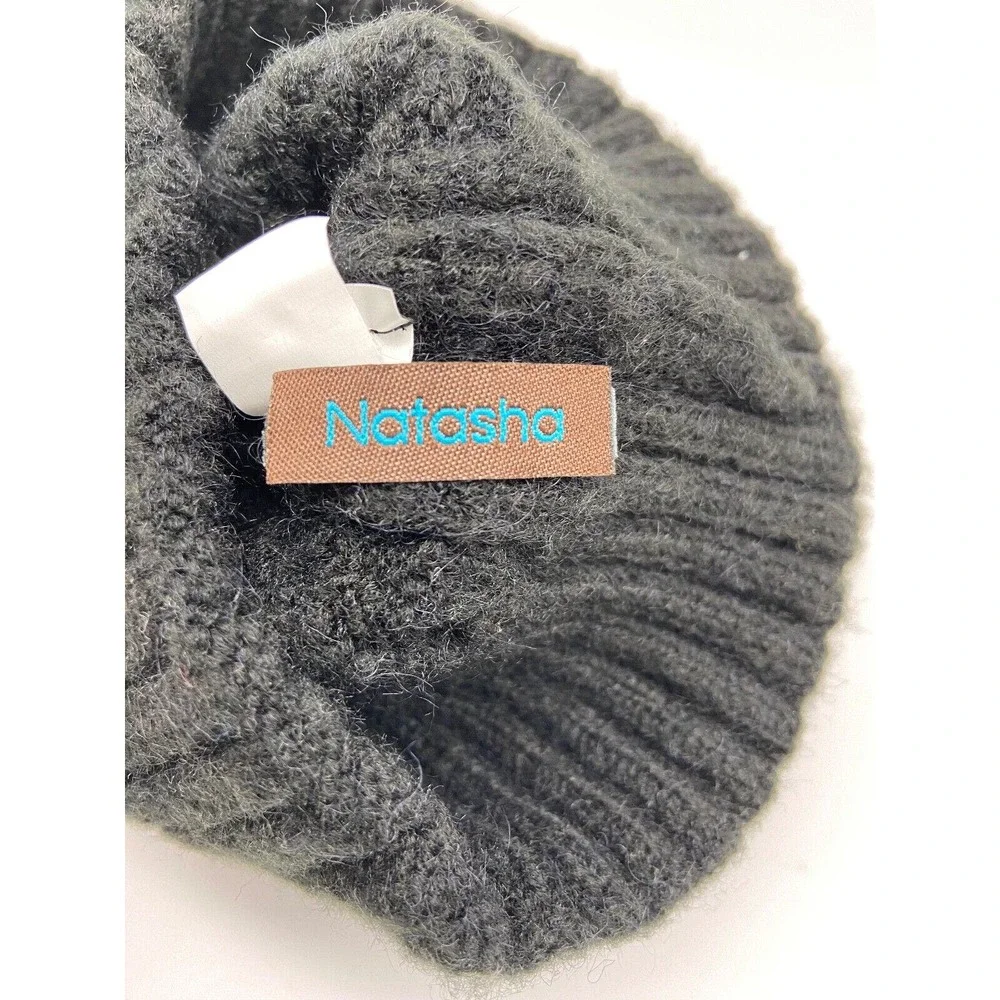 Natasha Beanie Hat Woman Dark Gray‎ Ribbed Furry Pom New